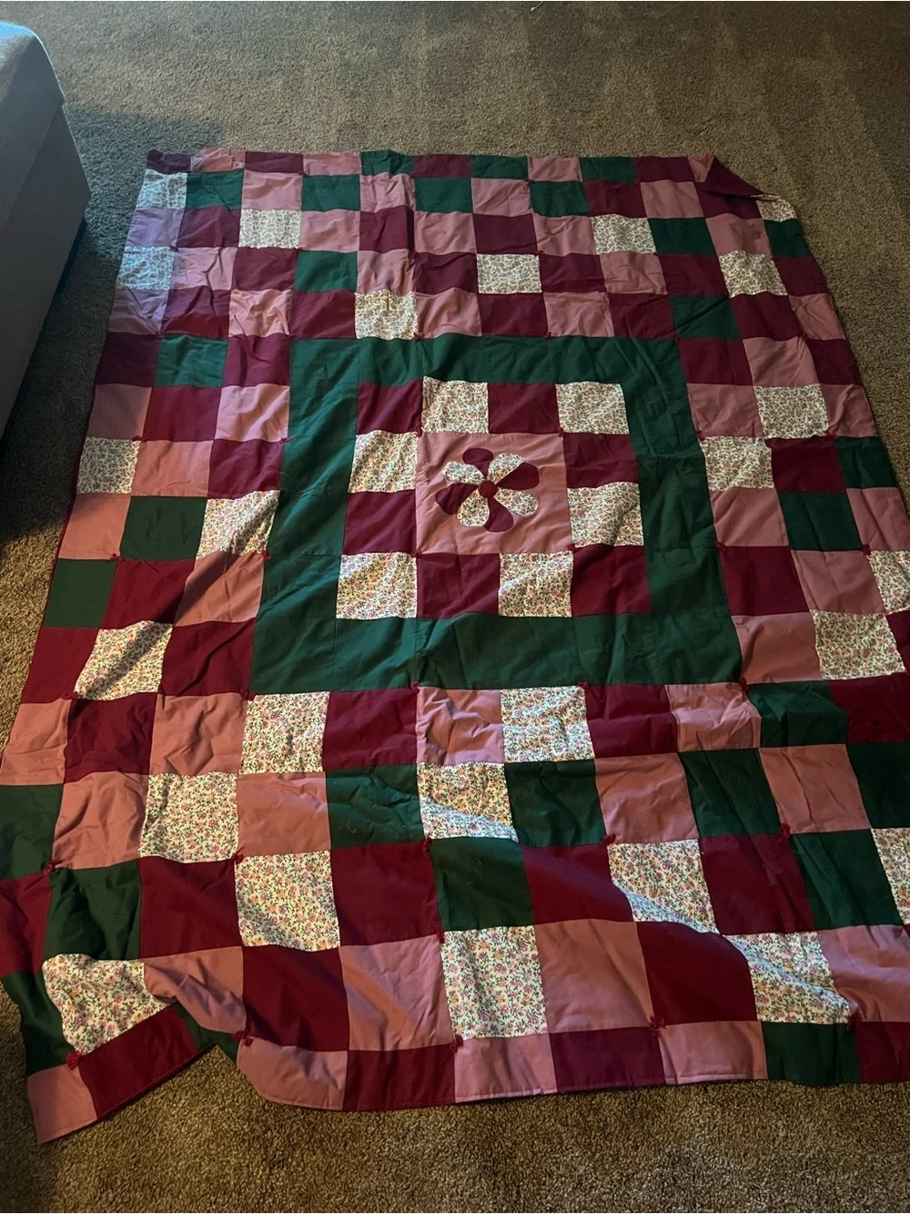 Handmade Patchwork Quilt in Burgundy, Green, Pink, and Floral
